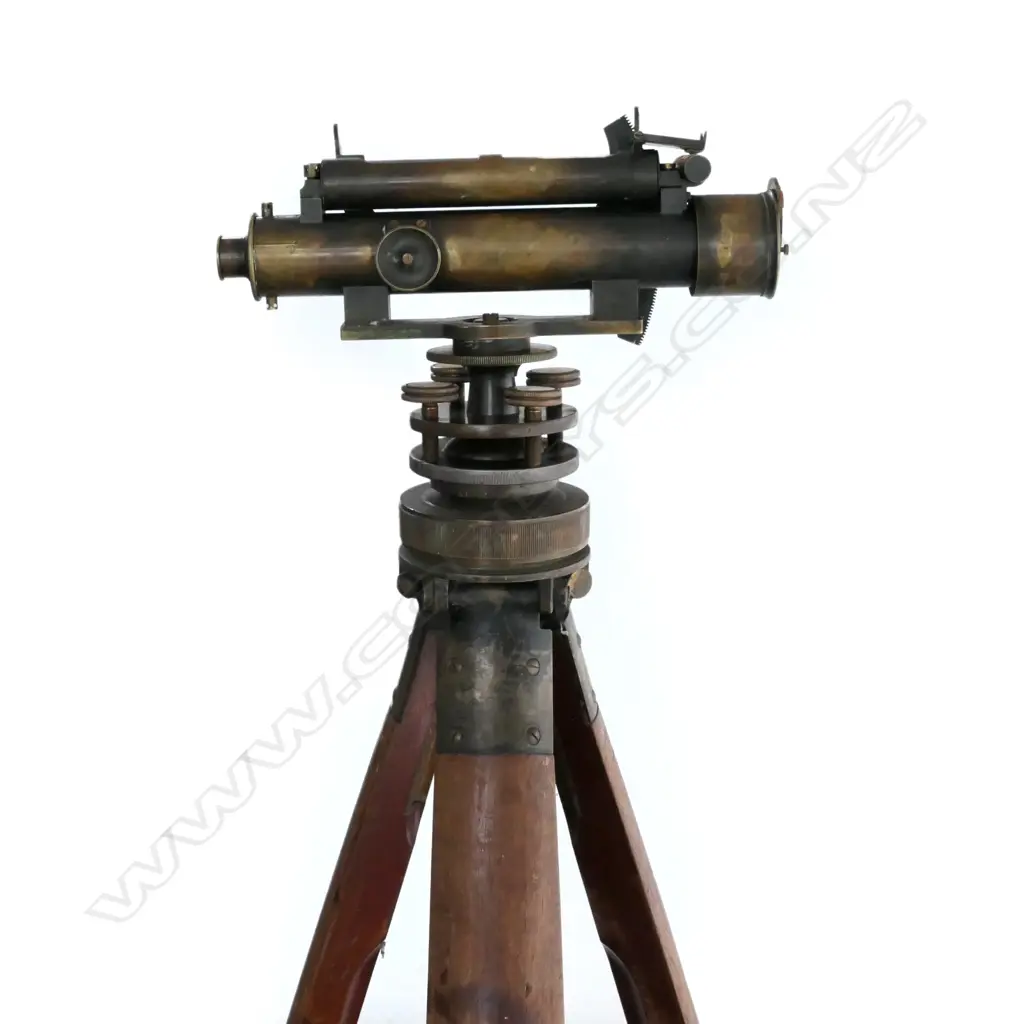 VICTORIAN BRASS SURVEYOR'S TRANSIT w TRIPOD COUPLING & ASSOCIATED TRIPOD, IN MAHOGANY CASE Image 1++